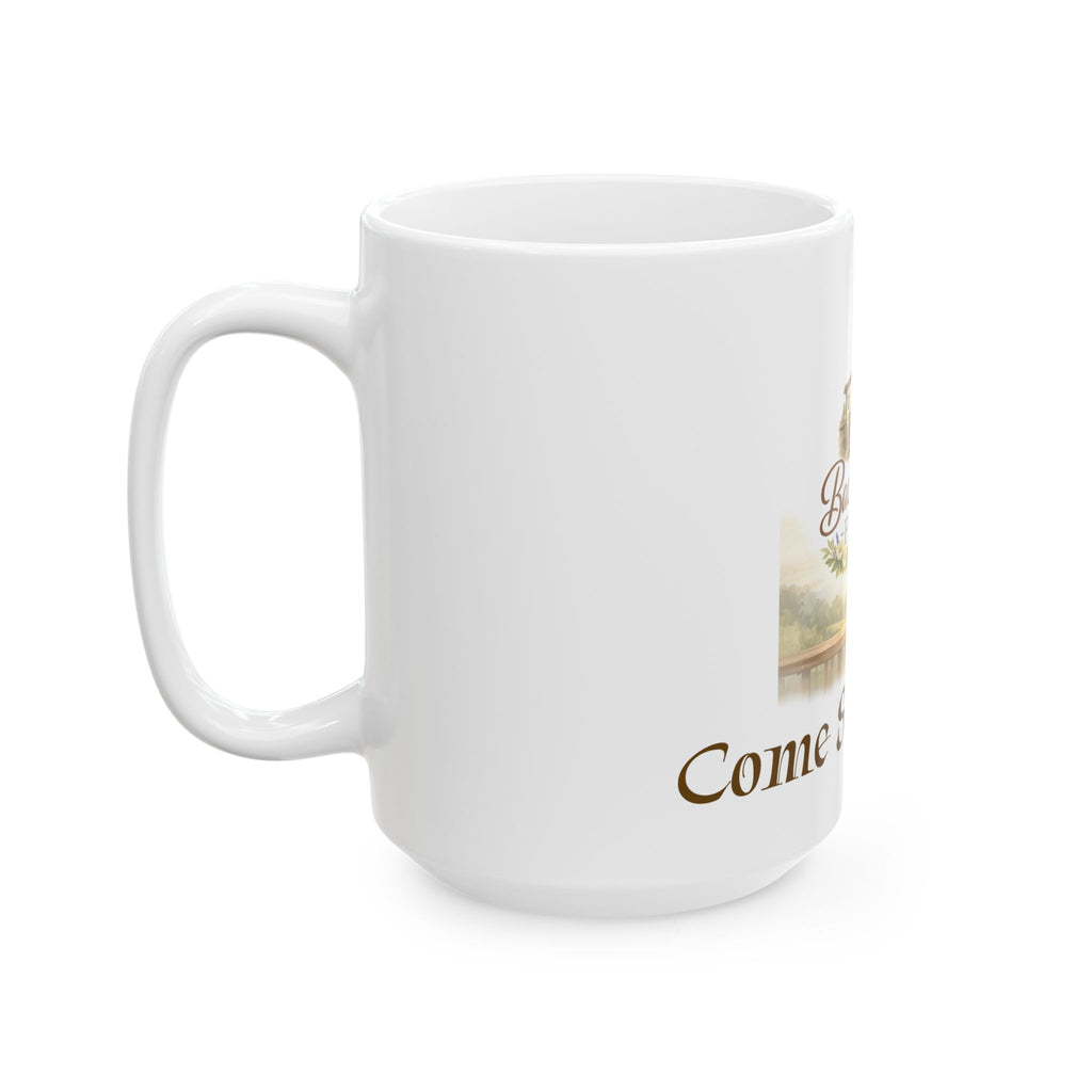 Back Porch Faith Ceramic Mug — “Come Sit Awhile” Country Coffee Cup