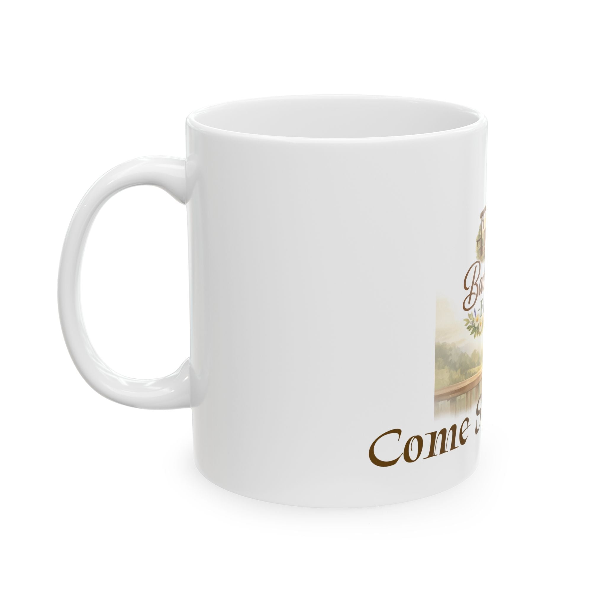 Back Porch Faith Ceramic Mug — “Come Sit Awhile” Country Coffee Cup