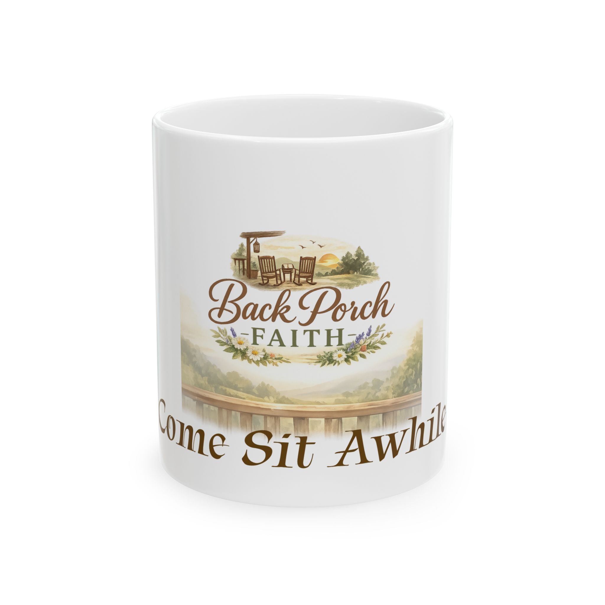 Back Porch Faith Ceramic Mug — “Come Sit Awhile” Country Coffee Cup